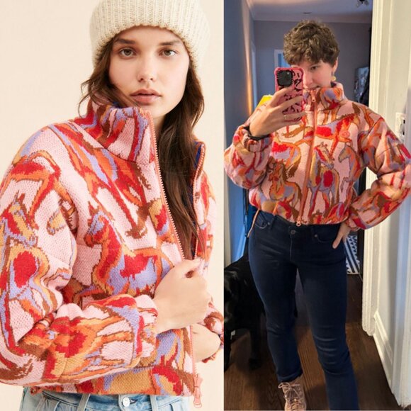 Farm Rio Wild Horses Tricot Puffer Jacket Reversible Mushroom Multicolor Size XS - Picture 10 of 12